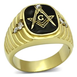 YourJewelleryBox Mens Signet Ring Stainless Masonic Simulated Diamond Gen Onyx Size Q Tk776Pb