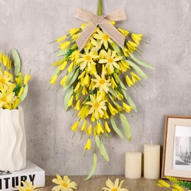 22" Forsythia Wreath Yellow Wreaths for Front Door 2 PCS Forsythia Teardrop Swag Front Door Wreath Summer for Farmhouse Home Porch Wall Window Festival Wedding Decor