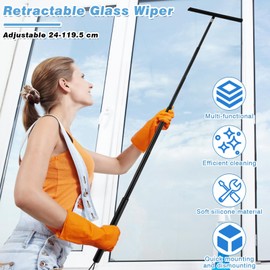 Shower Squeegee Long Handle, Squeegee Shower Floor 24-119.5 cm Telescopic Window Squeegee Made of Stainless Steel with Holder, Removable Shower Squeegee for Cleaning Shower Screens, Tiles and Windows
