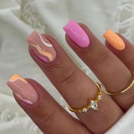 24Pcs Press on Nails Short Square Fake Nails Yellow Full Cover Acrylic Glue on Nails Swirl False Nails with Designs DIY Manicure Supplies for Women Girls