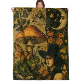 RQTWC Witchy Gothic Throw Blanket Gifts for Boys Girls Kids Adults, Vintage Mushroom Moon Butterfly Frog Flannel Blankets for Travel Sofa Living Room Decor 50"X60"