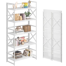 4NM No Assembly Folding Bookshelf Storage Shelves 5 Tiers, Foldable Vintage Plant Flower Stand Storage Rack Shelves Bookcase for Home Office - All White