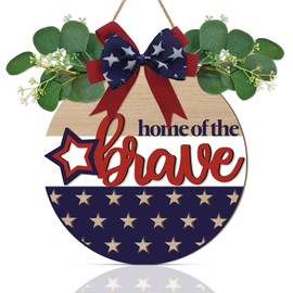 Ausril 4th of July Door Sign,3D Fourth of July Wreath for Front Door,Independence Day Wall Decor,Outdoor Patriotic Wreath,America Flag Stars Sign,Home of the Brave Sign for Home Porch Yard Outdoor