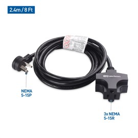 Cable Matters 3-Outlet 3 Prong Extension Cord 8 Feet, 3-Outlet Splitter Adapter with Extension Cord in Black