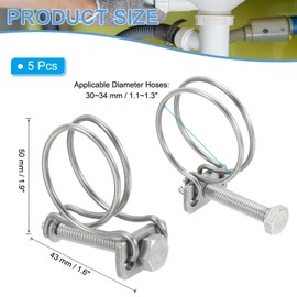 PATIKIL 30-34mm Adjustable Double Wire Hose Clamp, 5 Pcs 304 Stainless Steel Wire Hose Clips Pipe Tube Clamps for Dust Collection Rubber PVC Pool Pump Hose