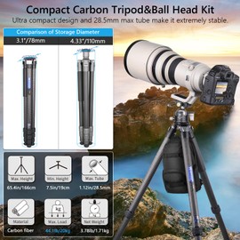 Compact Carbon Camera Tripod with 46mm Ball Low Profile Tripod Head 28.5mm Max Leg Tube Stable Lightweight Carbon Fiber Travel Stand with Arca Swiss Ball Head and Stone Bag Max Load 44.1lb/20kg