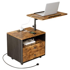 Tbimercftra Mobile End Table with Lift Top, Adjustable Height Laptop Stand, Built-in USB Charging Station, Storage Drawers, Rustic Brown