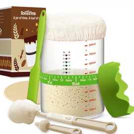 Pro Sourdough Starter 10-In-1 Kit – 34 Oz Glass Jar With Lid, Cloth Cover, Date Band, Brush, Temp Strip, Silicone Spatula, Heating Mat – Sourdough Bread Baking Supplies, Glass Container, Green