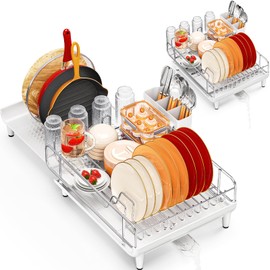 TOOLF Expandable Dish Rack, Dish Drying Rack for Kitchen Counter, Foldable Dish Dryer Rack, Stainless Steel Dish Drainer Racks with Cutlery Holder, Collapsible Dish Drying Racks Large Size, White