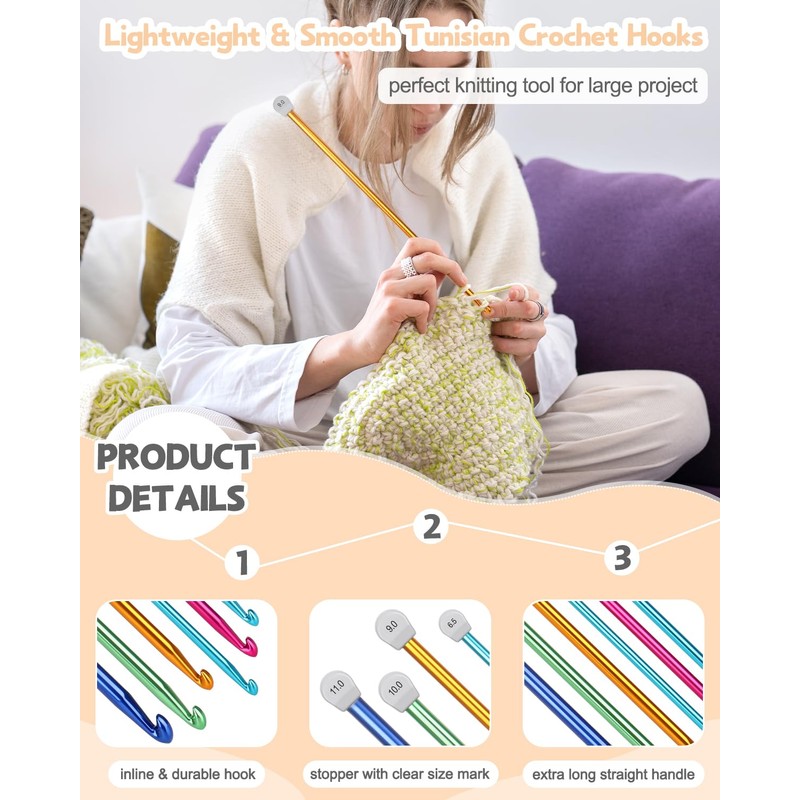 Katech 8PCS Tunisian Crochet Hooks Set, 13.78 Inch Large Crochet