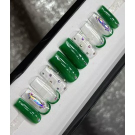 Handmade 🤍 CUSTOM Hard Gel Press On Nails, GREEN   BLING 10p FULL SET W Kit