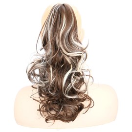 BOBIYA 13 Inches Claw Clip in Loose Curly Synthetic Wrap Around Ponytail Extensions Pony Tail Clip In Extensions (Dark Brown Mix White Blonde)