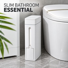 4.5L Slim Bathroom Trash Can with Concealed Toilet Brush, Narrow Space-Saving White Waste Bin with Lid