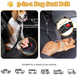 Dog Seat Belt Harness for Car, 3 in 1 Pet Dog Car Seatbelt Leash, Retractable Restraint Secures to Vehicle Headrest & Adjustable Reflective Bungee Dog Seatbelt Tether with Poop Bag Dog Bowl - 4 Piece