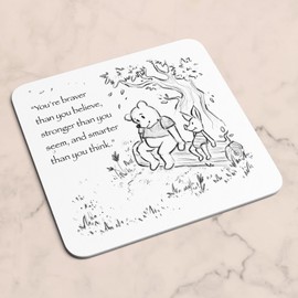 Classic Winnie the Pooh & Piglet Quote WHITE Coaster SKETCH - Cute Sweet Heartfelt Saying Phrase Braver Stronger Smarter Best Friend Pig Bear Gift Present (White)