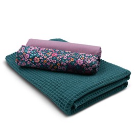 VmG-Store Waffelpique + Baumwollstoff Set farblich abgestimmt Waffel Stoff 100% Baumwollstoff Tex Standard 100 (Digital Flower Dunkel Petrol Set99)