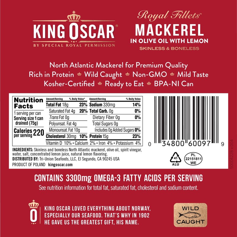 King Oscar Mackerel in Olive Oil with Lemon, 4.05 Ounce