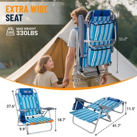 Overmont Low Beach Chair with Cooler Bag - 6-Positions Lay Flat with Ergonomic Armrests- Wide Seat with Lumbar Support, Towel Holder- Heavy-Duty 330lbs Support- Perfect for Summer, Travel & Relaxation