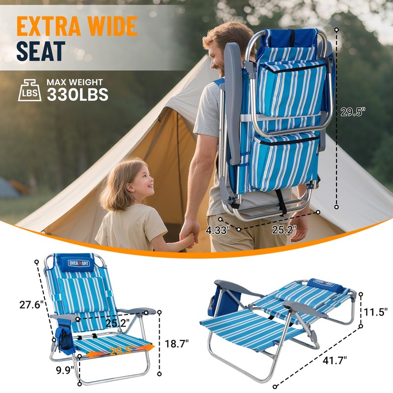 Overmont Low Beach Chair with Cooler Bag - 6-Positions Lay