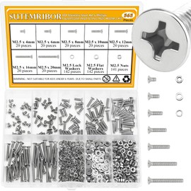 565 Pieces M2.5 Machine Screws Nuts Washers Set, Sutemribor M2.5 x 4/6/8/10/12/16/20mm Phillips Countersunk Head Machine Screws Nuts Washers Assortment Kit, 304 Stainless Steel, Fully Threaded