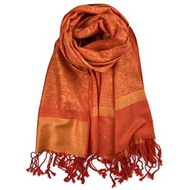 Plum Feathers Two Tone Vintage Paisley Pattern Pashmina Scarf (Fire Orange Paisley)