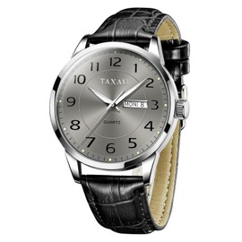 Taxau Men's Watch Leather Men's Watch Leather Strap Watches Men's Large Dial Day Date Men's Watch Waterproof Watch Casual Business Watch for Men, 8405-Black Leather and Grey, Strap.