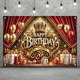 Starlit Patio Red Gold Happy Birthday Backdrop 71x43 Inch Birthday Party Decorations Party Banner Photography Wedding Birthday Anniversary Party Decor Supplies Prop Photo Booth
