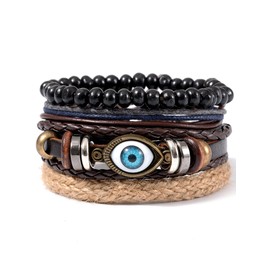 Evil Eye Leather Bracelets for Men Multilayer Leather Wrap Bracelet stackable Black Beaded bracelets Wristband Jewelry Gift