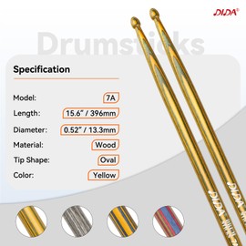 Drum Sticks for Drums, 7A Wooden Drumsticks, Consistent Weight and Pitch, Durable and Drum Stick for Jazz Drum Electronic Drums set, Drum Prastic Pad, Drumsticks for Professionals Beginners (Yellow)
