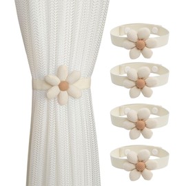 Curtains Tiebacks Pack of 4 Floral Decor Knitted Curtain Holder Handmade Elastic Tiebacks Decorative Curtain for Home, Office, Living Room, Window Decoration, Beige