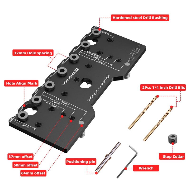 GOINGMAKE Shelf Pin Jig 1/4 Inch Aluminum Alloy Shelf Pin