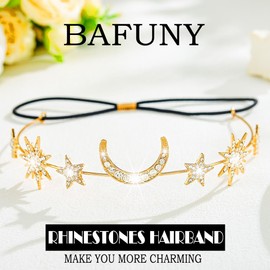 Bafuny Gold Rhinestone Headband Moon Star Head Chain Bling Crystal Hairband Elastic Headpieces for Women