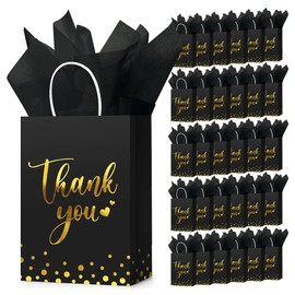 30 bolsas de regalo de agradecimiento con 30 hojas de papel negro, bolsas de papel con asas, bolsas de regalo para bodas, compras de negocios, baby shower, cumpleaños(Oro negro)