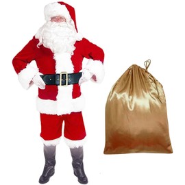 10 Pcs Luxury Christmas Santa Costume Adult Mens Vintag Red Plush Santa Suit Santa Claus Outfits with Gift Bag X-Large
