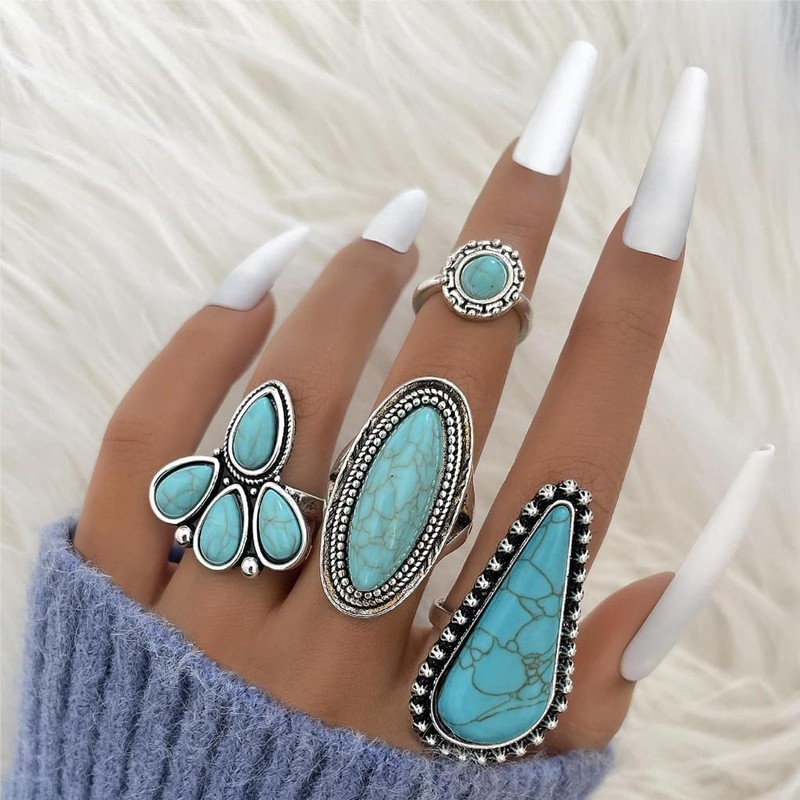 Navirix Vintage Turquoise Western Rings for Women,Exaggerated Chunky Oval Floral