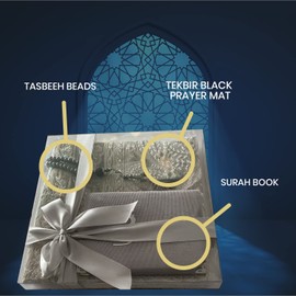 Tekbir Muslim Prayer Rug Prayer Beads with 50 Quran Surah - Soft Elegant Design Islamic Spiritual Gift Box Janamaz - Portable Prayer Mat Carpet for Muslims - Sajadah Prayer Carpet Occasions Mat (GREY)
