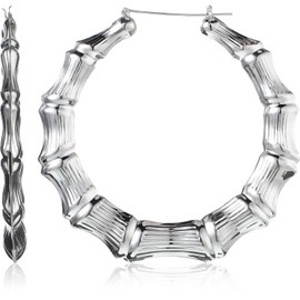 Large Bamboo Hoop Earrings Hip Hop Woman Bamboo Hoop Earrings Oversized Metal Hoop for Daily Wear 80s/ 90s Rapper Accessories (Silver,3.5 Inch)