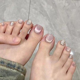 Square Press on Toe Nails Short Fake Toenails Cat Eye Acrylic Toenails with Silver Glitter Design Glue on Toenails Bean Paste Color Full Cover False Toenails Summer Stick on Toenails for Women 24Pcs