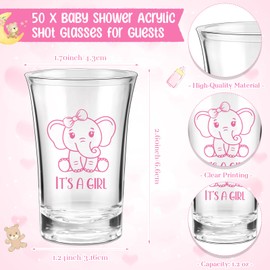 Pickmesh 50 Sets Baby Shower Favors for Guests Gift Elephant Acrylic Shot Glasses Bulk 1.2 oz Gender Reveal Glasses with Thank You Tags and Organza Bags for Baby Shower Party Supplies(Girl Style)