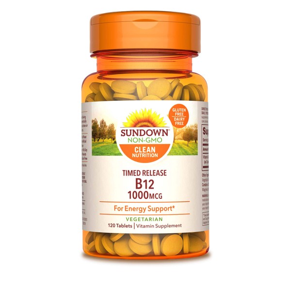 Sundown Vitamin B-12, Cellular Energy Support, Vegetarian, Vegan-Friendly 1000 mcg, ) Non-GMO, Free of Gluten, Dairy, Artificial Flavors 120 Count (Pack of 1)