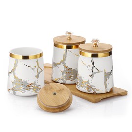 JUXYES Set of 3 Canisters Set for Sugar Coffee Tea with Airtight Lid, Ceramic Storage Containers Sets White Storage Pots with Tray Storage Jar Decorative Canisters Sets for for Kitchen Counter