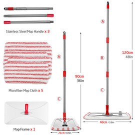 Masthome Extra Large Microfiber Mop for Floor Cleaning, 16“ Flat Mop with 5 Pad for Wet & Dry Use, Dust Mop for Hardwood Laminate Tile Ceramic, 1 Cleaning Scraper Included-Red
