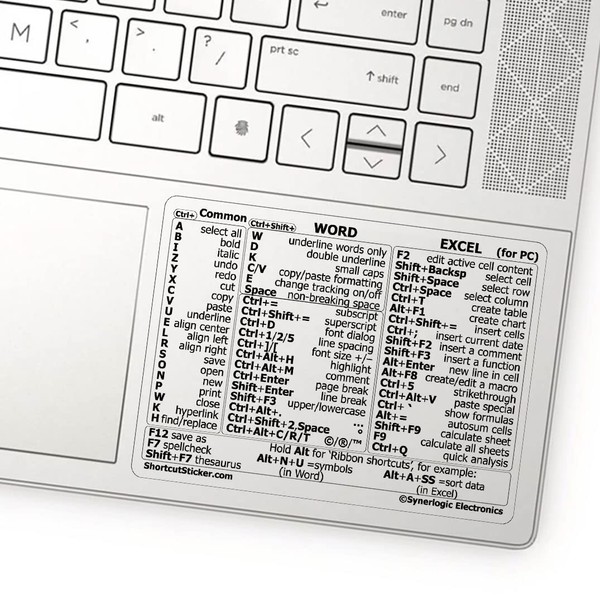 SYNERLOGIC Word/Excel (for Windows PC) Reference Guide Shortcuts Sticker, Laminated,