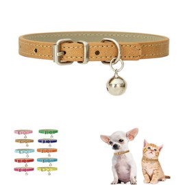 Khaki Puppy Collar with Bell, Boy XXS Dog Collar Bell Collar for Cats, Faux Leather PU Adjustable for XXS Xs Small Pet Dogs Animal Kitten Litter Tiny Male,XXSmall