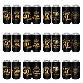 40th Birthday Party Decorations Slim Can Cooler Sleeves, Neoprene Can Sleeves for 12 oz Cans & Bottles, 12 Pack Black and Gold 40th Birthday Gift for Men & Women, 4 Design