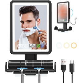 Shower Mirror Fogless for Shaving, LED Heated Rechargeable Fogless Mirror for Shower with Digital Clock & Storage Tray, 3 Color Lighting, Dimmable Touch Screen, Anti-Fog Shaving Mirror for Shower