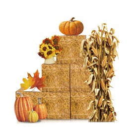 KARAQY Fall Harvest Hay Bale Box Set, 6PCS 10" Paper Boxes with 5 Autumn Decor Cutouts: Pumpkins, Corn Stalk, Sunflowers, Maple Leaves, Rustic Thanksgiving Display for Table or Porch