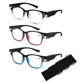 3Pack Reading Glasses with Light Bright LED Readers Magnifying Glass with lights Anti Blue Light Hands Free Magnifier Eyeglasses for Close Work Hobbies Reading Craft Lighted Reading Glasses+250