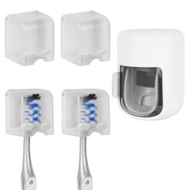 4 Pack Toothbrush Holder Wall Mounted with Cover for Bathroom, Mini Toothbrush Storage Organizer for Shower, Self Adhesive Toothbrush Hanger with Automatic Toothpaste Squeezer Dispenser