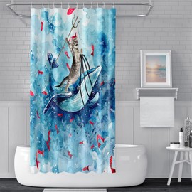 SDOTPMT 122 x 183 cm Funny Cat Shower Curtain Cute Cat Riding Whale Ocean Wave Bath Curtain Cartoon Red Fish Blue Bath Curtain Fabric Waterproof for Bathroom Bath Curtain with Hooks